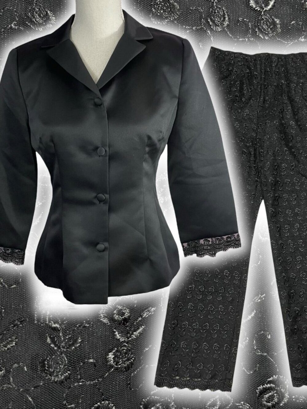 Whimsigoth Satin Lace Suit Set 6P Petite 6 Black Jacket Pants Donna Ricco VTG